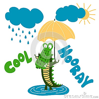 Crocodile print design with cool and hooray text funny hand drawn doodle, cartoon alligator. Vector Illustration