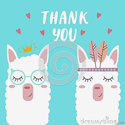 Cute llamas on a mint background with the words `thank you`. Vector Illustration