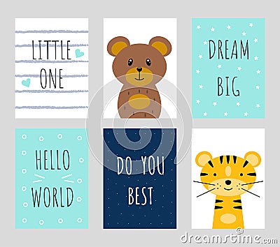 Set of postcards with cute owls and inscriptions Vector Illustration