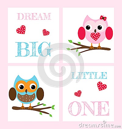 Set of postcards with cute owls and inscriptions Vector Illustration