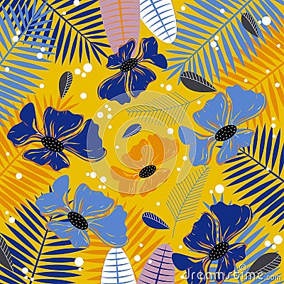 Yellow flowers and tropical leaves on a dark background. Vector design. Vector Illustration
