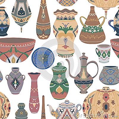 Seamless pattern with traditional Arabic utensils collection. Oriental dishes, pots, lantern, bowl, plates, pottery, ceramic with Vector Illustration