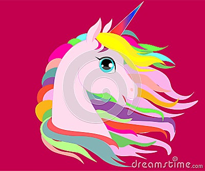 Web White Unicorn vector illustration for children design. Rainbow hair. Isolated. Cute fantasy animal. Cartoon Illustration