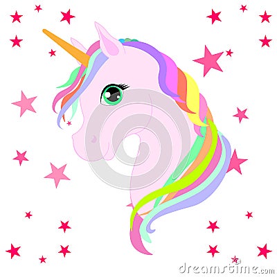 Web Beautiful unicorn on clouds with stars illustration, vector. Cartoon Illustration