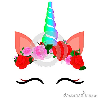 Cute unicorn face with horn and flowers isolated on white background. Vector cartoon character illustration. Cartoon Illustration