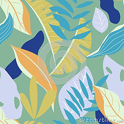 Seamless pattern with tropical plants on blue background. Vector design. Flat jungle print. Floral background. Vector Illustration