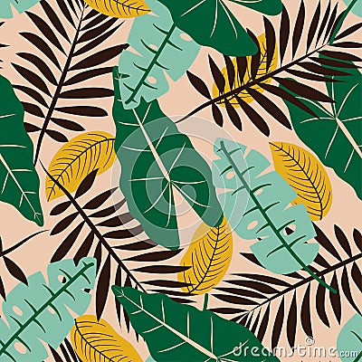 Seamless pattern with bright tropical plants on white background. Vector design. Flat jungle print. Floral background. Vector Illustration