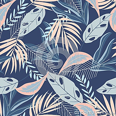 Seamless pattern with bright tropical plants on white background. Vector design. Flat jungle print. Floral background. Vector Illustration