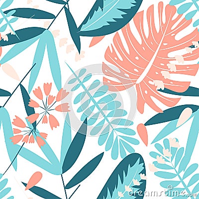 Summer seamless tropical pattern with green plants on a dark background. Vector design. Floral background. Vector Illustration