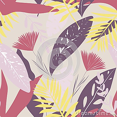 Tropical seamless pattern with colorful leaves on pastel background. Vector design. Flat jungle print. Floral background. Vector Illustration