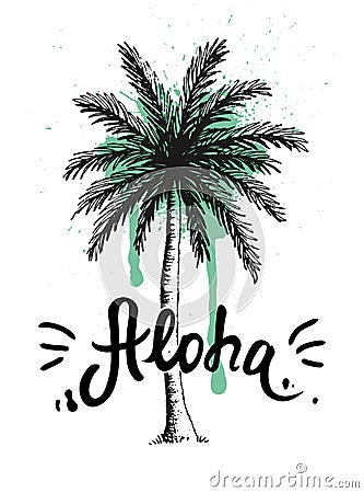Hand drawn palm tree with paint splatter. Aloha hand lettering, Hawaiian language greeting typography. Vector Illustration