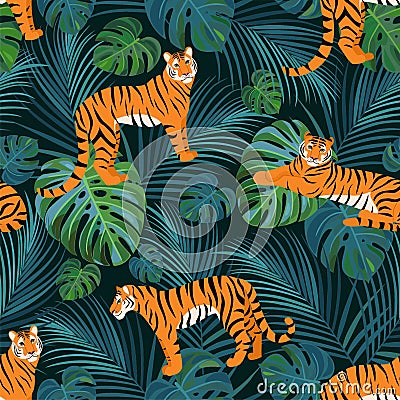 Trendy tiger pattern with tropical leaves. Vector seamless texture. Vector Illustration