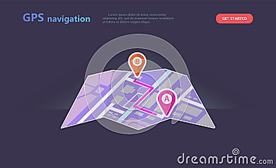 Concept GPS navigation, point location on a city map Cartoon Illustration