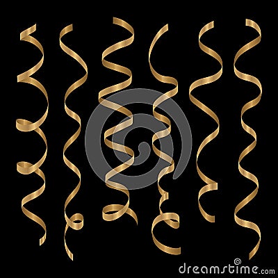 Gold curling ribbons or party serpentine isolated on black background. Vector Illustration