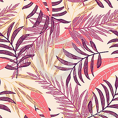 Seamless pattern with colorful tropical leaves on light background. Vector design. Jungle print. Floral background. Vector Illustration