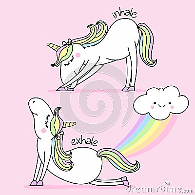 Exhale - Inhale - namaste fart rainbow funny vector quotes and unicorn drawing. Vector Illustration