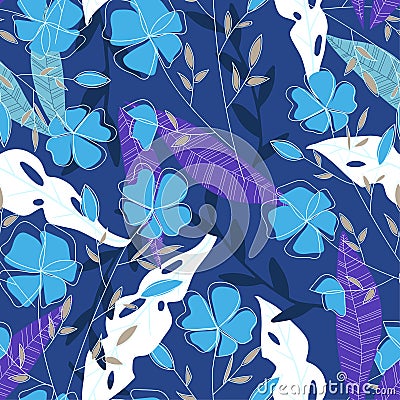 Summer seamless pattern with tropical plants and leaves on blue background. Vector design. Jungle print. Textiles and printing. Fl Vector Illustration