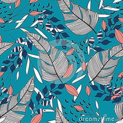 Seamless pattern with tropical leaves and plants on blue background. Vector design. Jungle print. Textiles and printing. Floral ba Vector Illustration