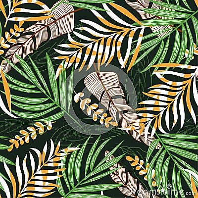 Trend seamless pattern with tropical leaves and plants on a delicate green background. Vector design. Jungle print. Textiles and p Vector Illustration