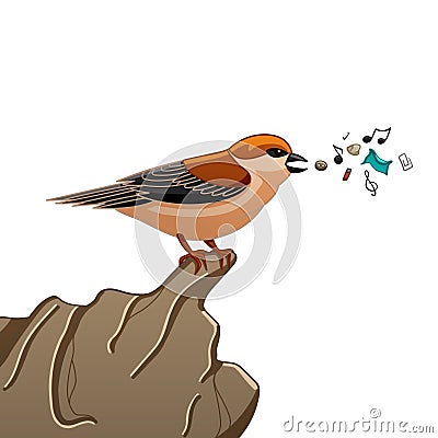 Sparrow with trash on stone Vector Illustration