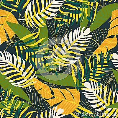 A trending abstract pattern with tropical leaves and flowers on a delicate pastel background. Vector design. Jungle print. Floral Vector Illustration