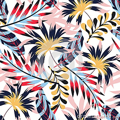 Trend abstract tropical seamless pattern with leaves and plants on white background. Vector design. Jungle print. Floral backgroun Vector Illustration