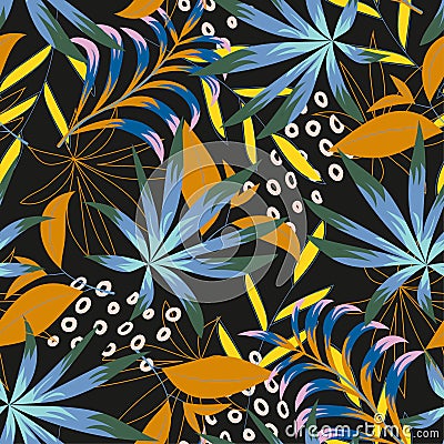 Abstract tropical seamless pattern with bright leaves and plants on a dark background. Vector design. Jungle print. Floral backgro Vector Illustration