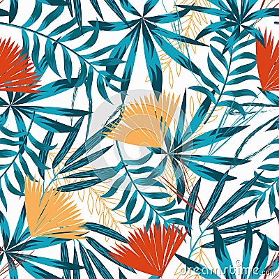 Summer trend seamless pattern with bright tropical leaves, plants and flowers on white background. Vector design. Jung print. Flor Vector Illustration