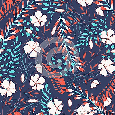 Summer trend seamless pattern with tropical leaves and flowers on a dark background. Vector design. Jung print. Floral background. Vector Illustration