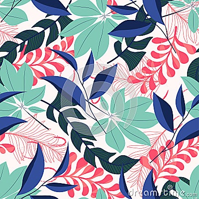 Summer trend seamless pattern with tropical leaves and plants on pastel background. Vector design. Jung print. Floral background. Vector Illustration