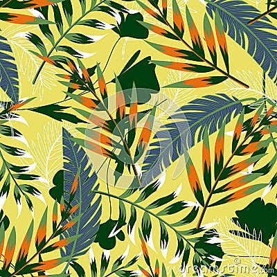 Summer bright original seamless pattern with tropical leaves and plants on a light yellow background. Vector design. Jung print. F Vector Illustration