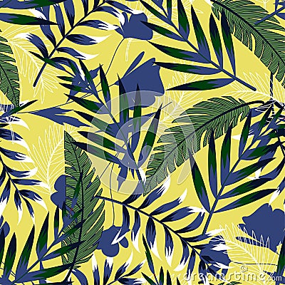 Bright summer seamless pattern with tropical leaves and flowers on a pastel background. Vector design. Jung print. Floral backgrou Vector Illustration