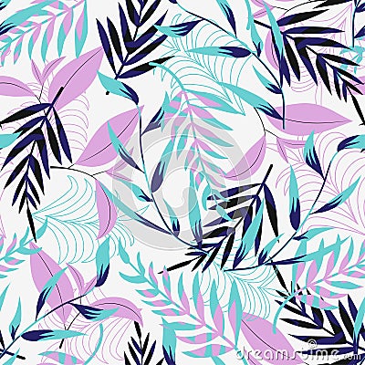 Trend seamless pattern with bright tropical leaves and plants on a light background. Vector design. Jung print. Floral background. Vector Illustration