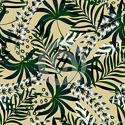 Summer bright original seamless pattern with tropical leaves and plants on beige background. Vector design. Jung print. Floral bac Vector Illustration