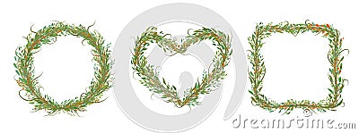 Decorative Set of circle, heart, square with bracnhes and leafs Vector Illustration