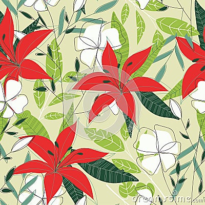 Trend seamless pattern with bright tropical leaves,plants and flowers on a light background. Vector design. Jungle print. Floral b Vector Illustration