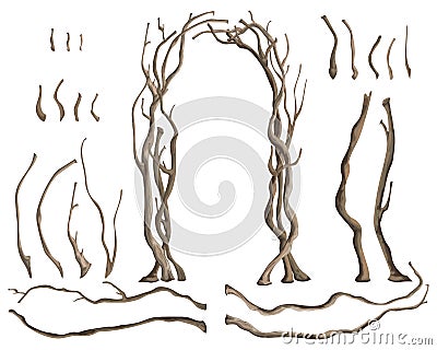 Rustic arch with tree branches and isolated design elements on white background. Vector Illustration