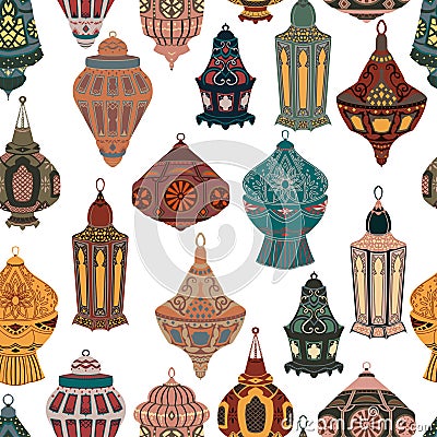 Seamless pattern with Arabic lanterns collection. Traditional oriental lamps with national floral ornament. Vector Illustration