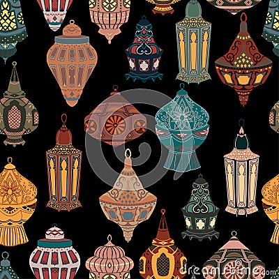 Seamless pattern with Arabic lanterns collection. Traditional oriental lamps with national floral ornament. Vector Illustration