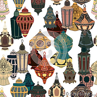 Seamless pattern with Arabic lanterns collection. Traditional oriental lamps with national floral ornament. Vector Illustration