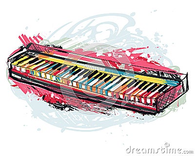 Synthesizer. Hand drawn grunge style art for banner, card, t-shirt, tattoo, print, poster. Vector Illustration
