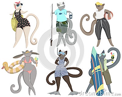 Cats on vacation. Cute animal characters spend summer holidays. Surfing, eating ice cream, swimming, diving, fishing, tanning, pla Vector Illustration