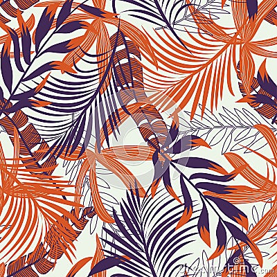Trend seamless pattern with bright tropical leaves and plants on white background. Vector design. Jungle print. Floral background. Vector Illustration