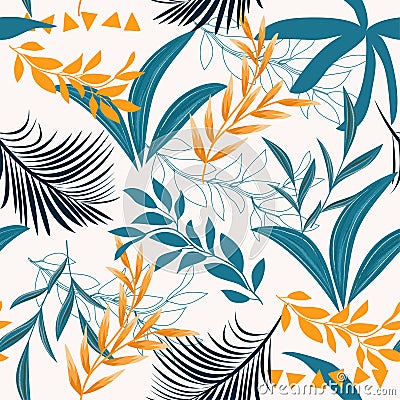 Summer trend seamless pattern with bright tropical leaves and plants on a white background. Vector design. Jungle print. Floral ba Vector Illustration