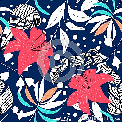 Trend abstract seamless pattern with colorful tropical leaves and plants. Vector design. Jungle print. Floral background. Printing Vector Illustration