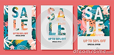 Collection of summer sale banners. Trendy abstract design. Colorful contemporary floral collage with various of plants and geometr Stock Photo