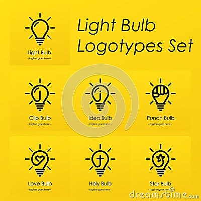 Light bulb symbol logotypes set with creative ideas, star, cross, punch, love heart, idea, clip symbols in light bulb Vector Illustration