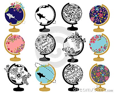 Vector Set of Vintage Globe with Retro and Floral Themes Vector Illustration