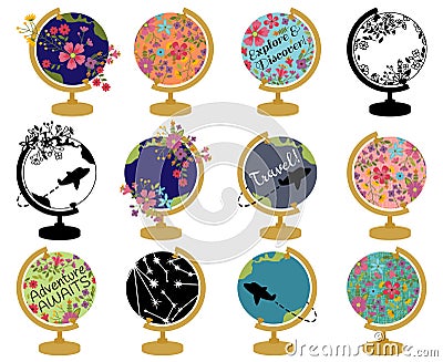 Vector Set of Vintage Globe with Retro and Floral Themes Vector Illustration