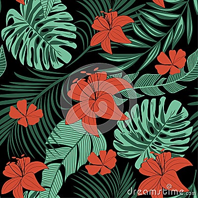 Abstract trend seamless pattern with bright tropical leaves and plants. Vector design. Jungle print. Floral background. Printing a Vector Illustration